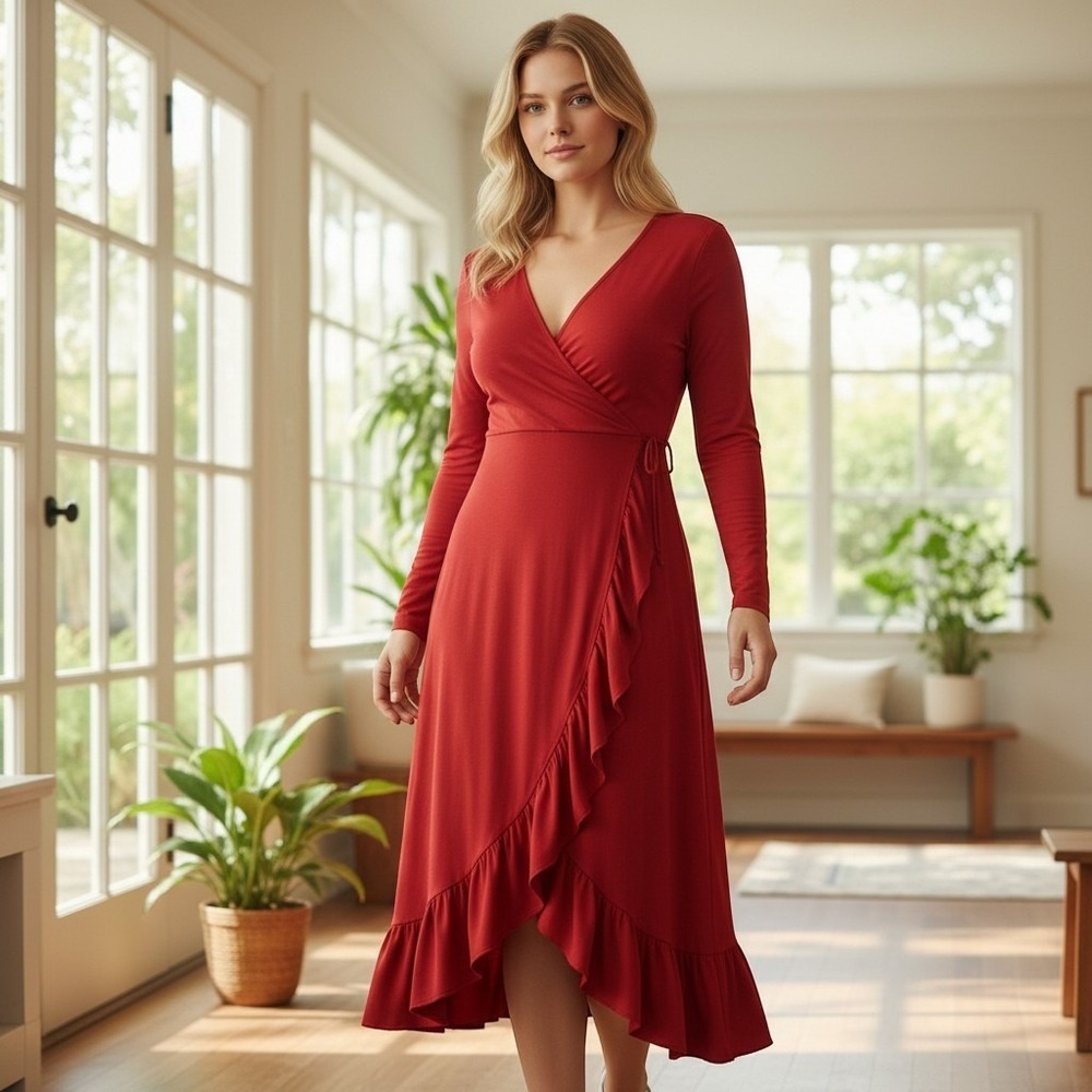 Glamour red faux-wrap midi dress long sleeve ruffled flounce hem Sz 16W